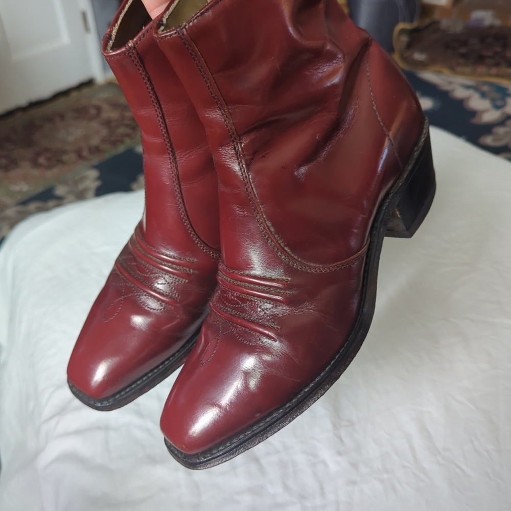 Men’s 1970’s Sears Rusty Brown Leather Western Side Zip Square Toe Heeled Boot - Picture 2 of 12